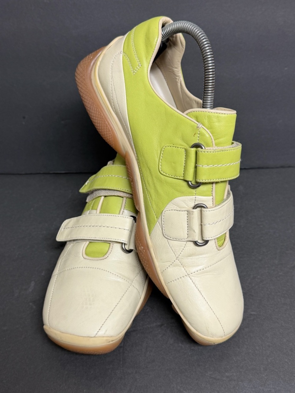 PRADA Sneakers 2 Straps AMERICAS CUP ORIGINAL Lime Tan Leather Size 8 EU 41 RARE - Picture 4 of 10